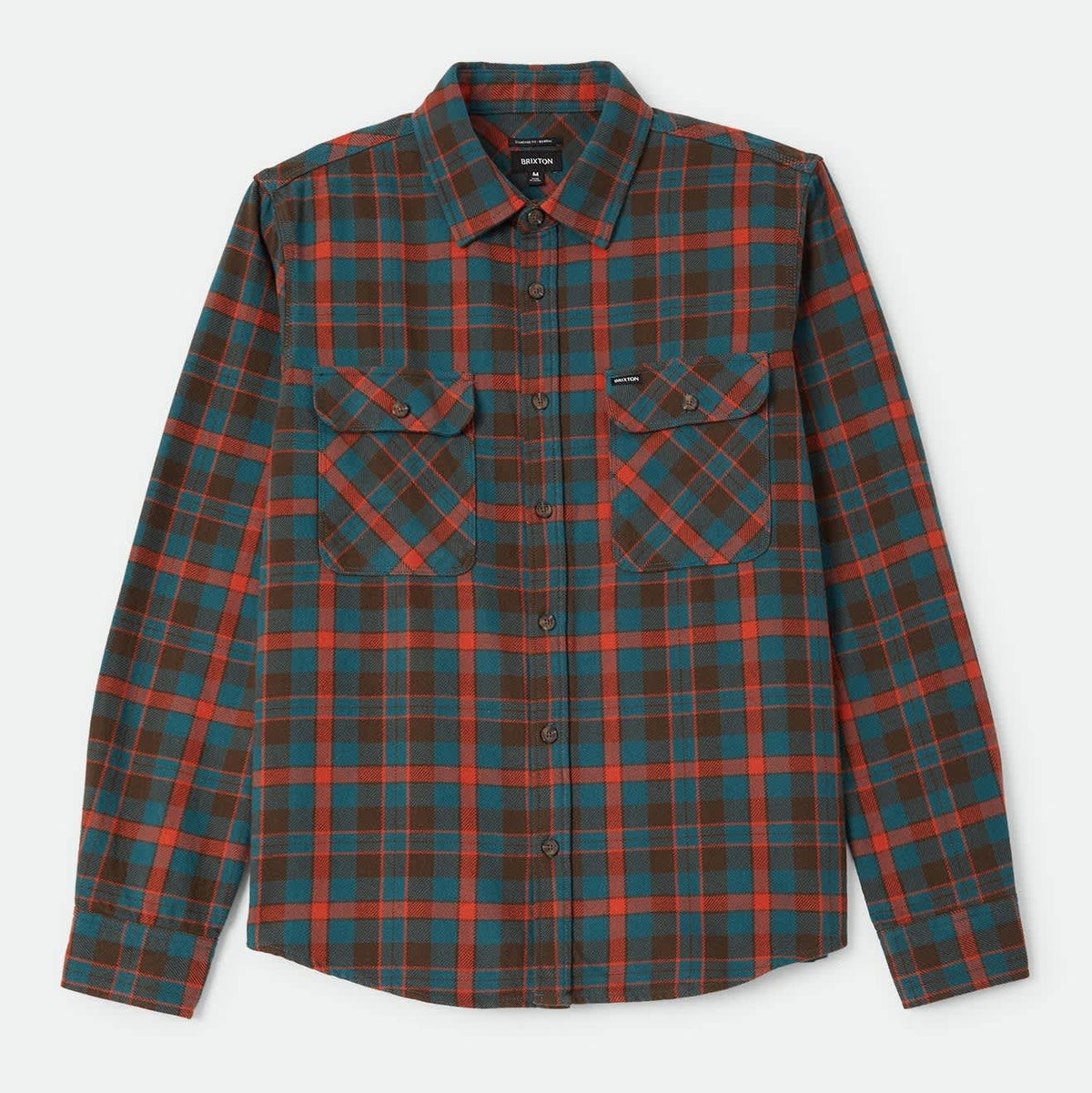 Brixton Men's Bowery Flannel in Walnut Brown & Ultra Marine on plain background.