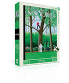 Puzzle box featuring artwork from 'The New Yorker' magazine with people in a forest setting.