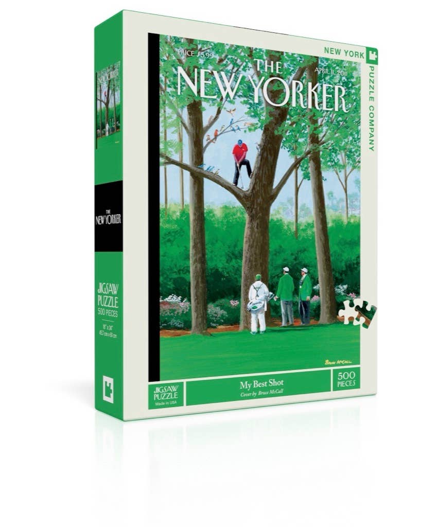 Puzzle box featuring artwork from 'The New Yorker' magazine with people in a forest setting.