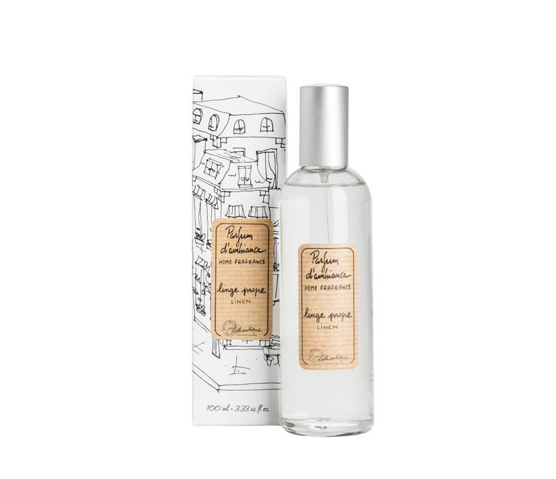 Lothantique Linen room spray bottle with white packaging on a white background