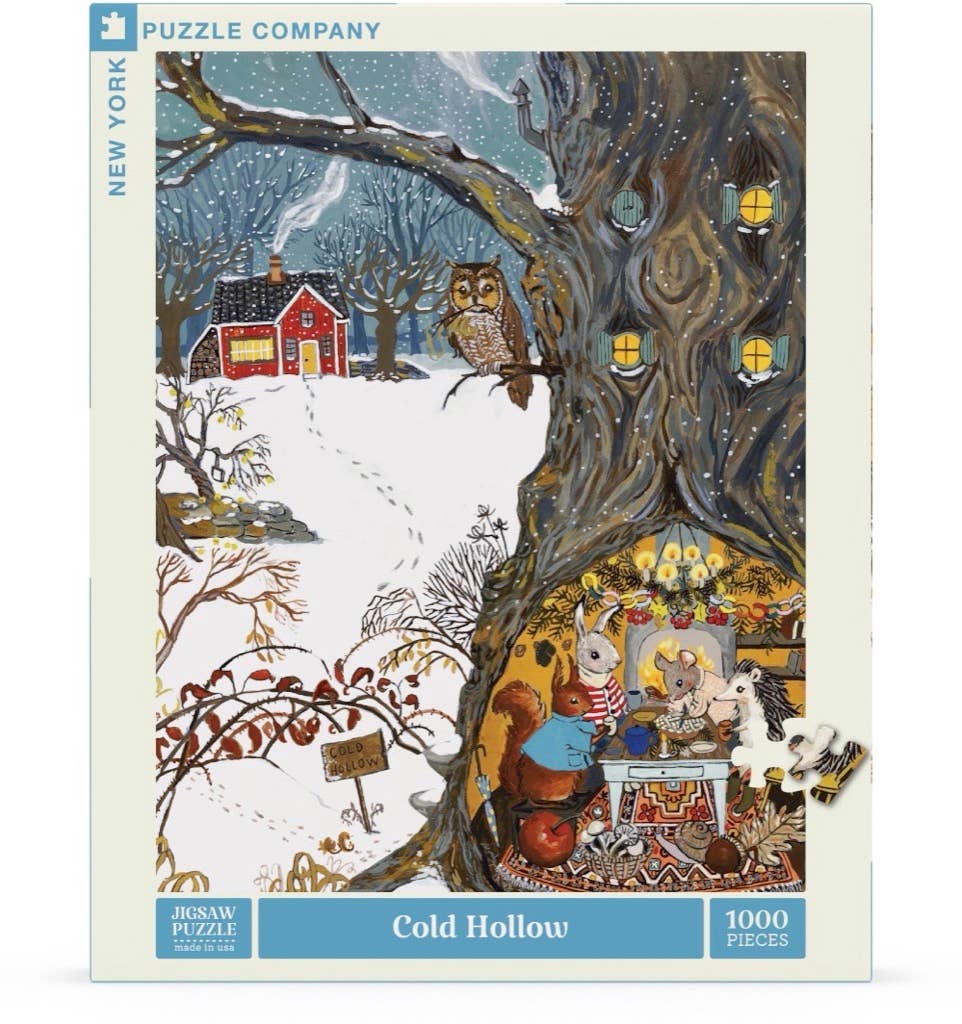 Jigsaw puzzle packaging featuring a winter scene with animals and a treehouse, labeled 'Cold Hollow' by New York Puzzle Company.