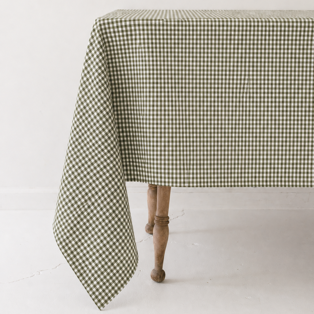 Olive Gingham Check Linen Tablecloth, 60" x 90" on a white background at Addison West