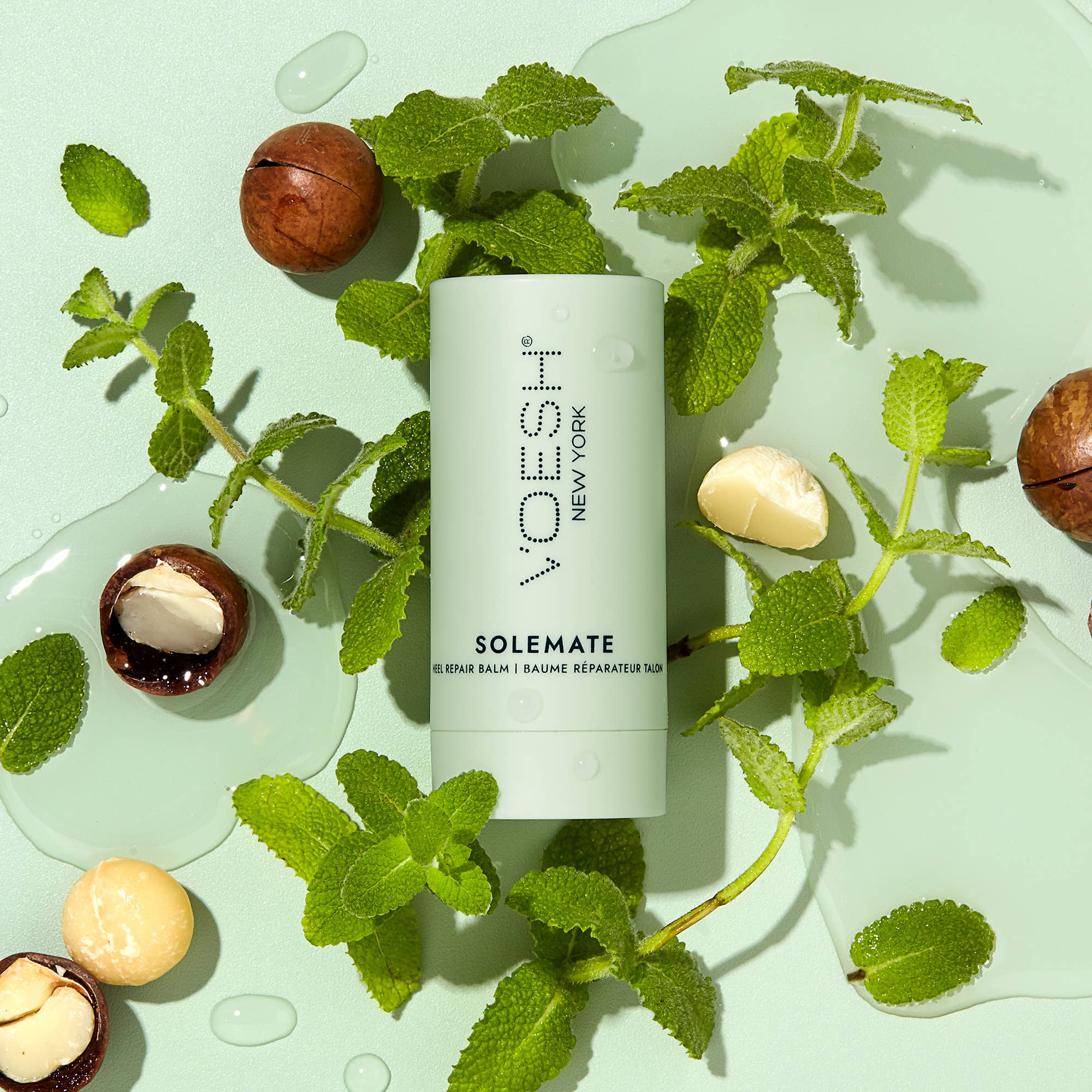 Solemate Heel Repair Balm in Mint on a green background at Addison West
