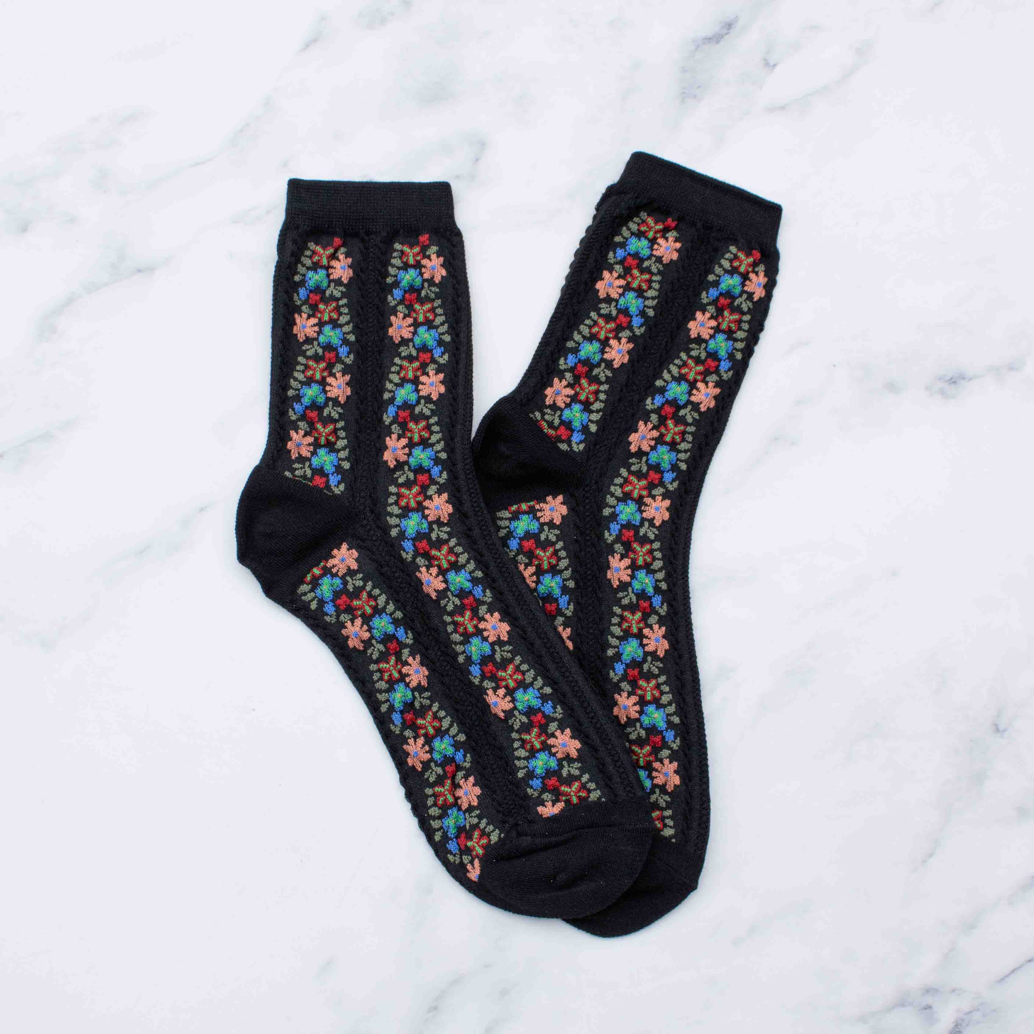 Aahana Floral Socks in Black on a white background at Addison West