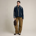 Contrast Trim Sherpa Zip-Up Jacket in Navy on a model at Addison West