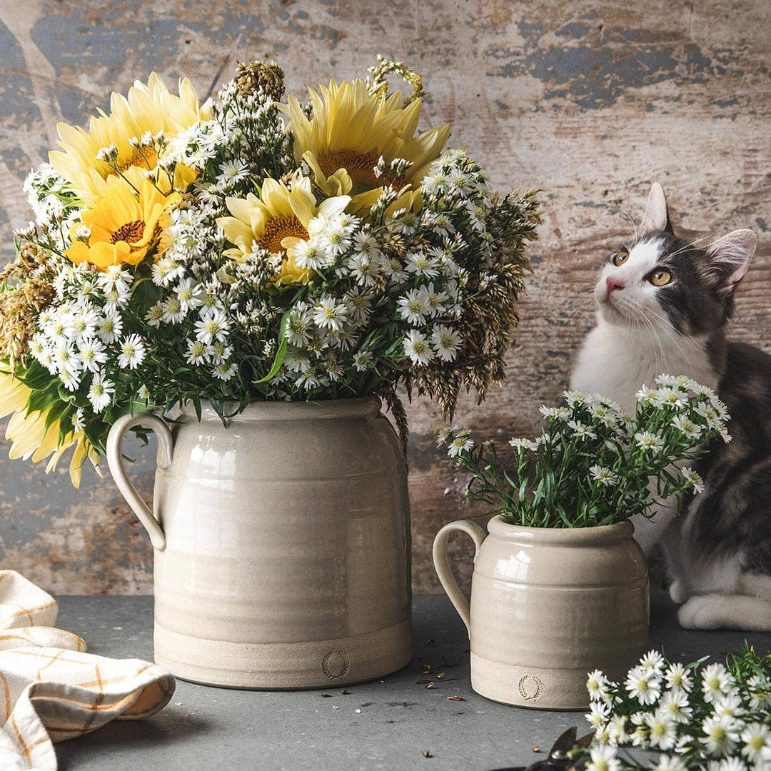 Floral arrangements in ceramic pots with a cat sitting nearby on a rustic background