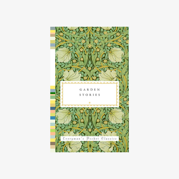 Front cover of book titled garden stories with green floral william morris pattern on cover on a white ba kground