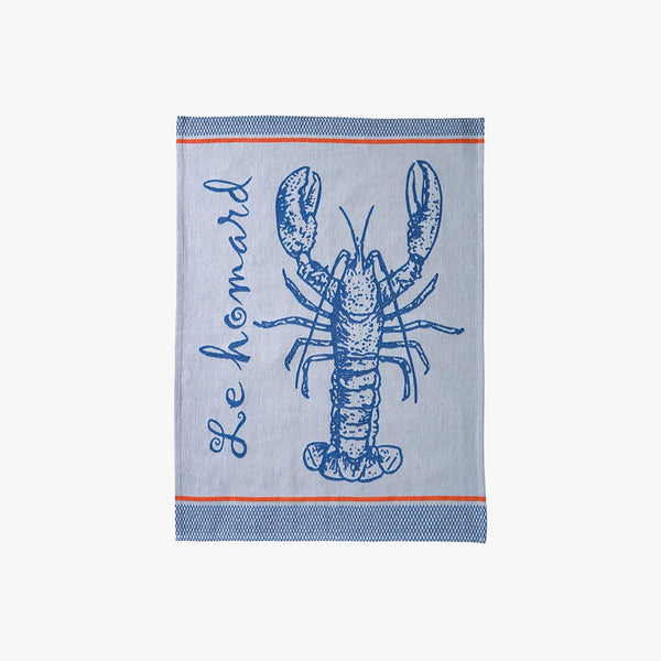 Blue and red printed French Jacquard Tea Towel with lobster on a white background
