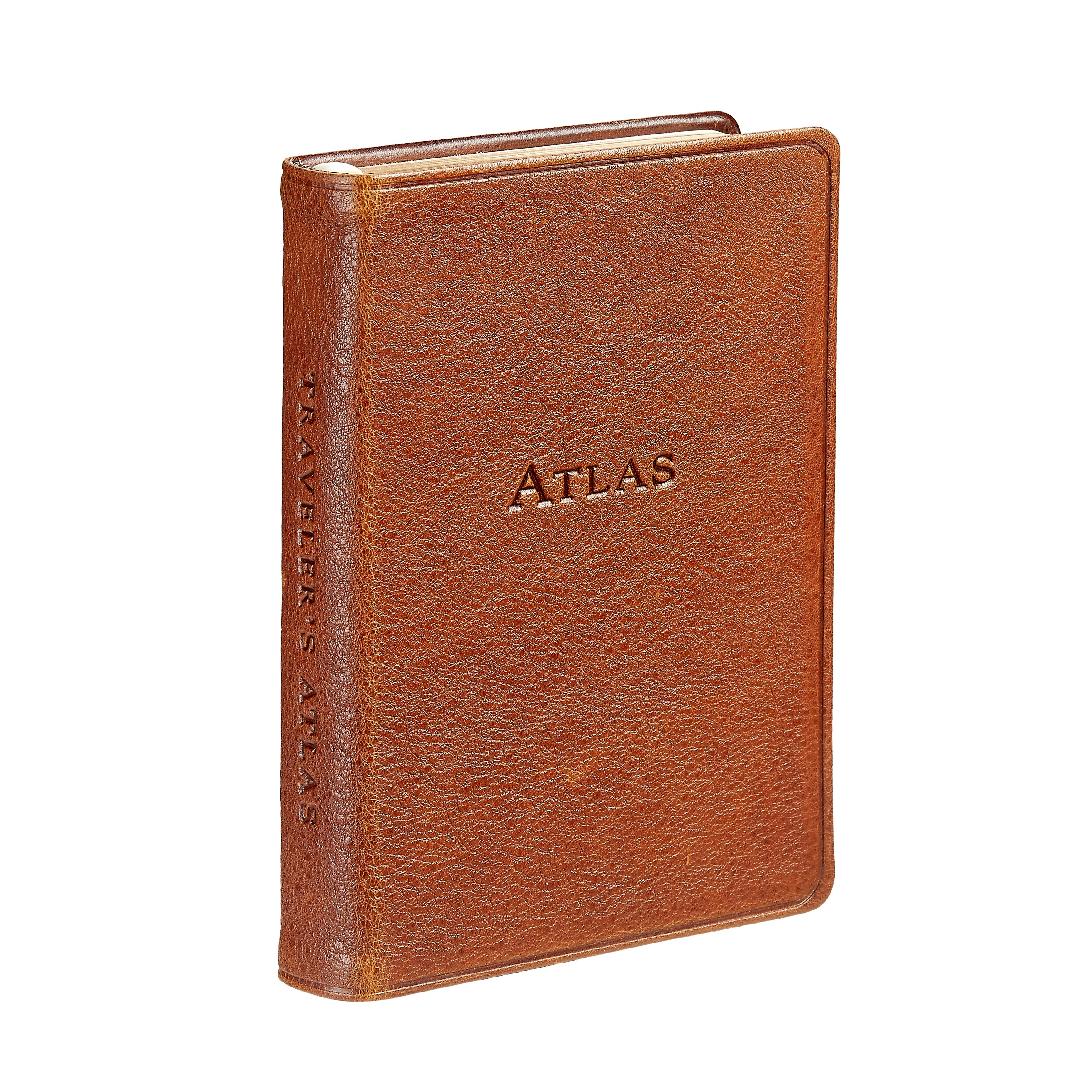 The Traveler's Atlas Cognac Leather on white background at Addison West.