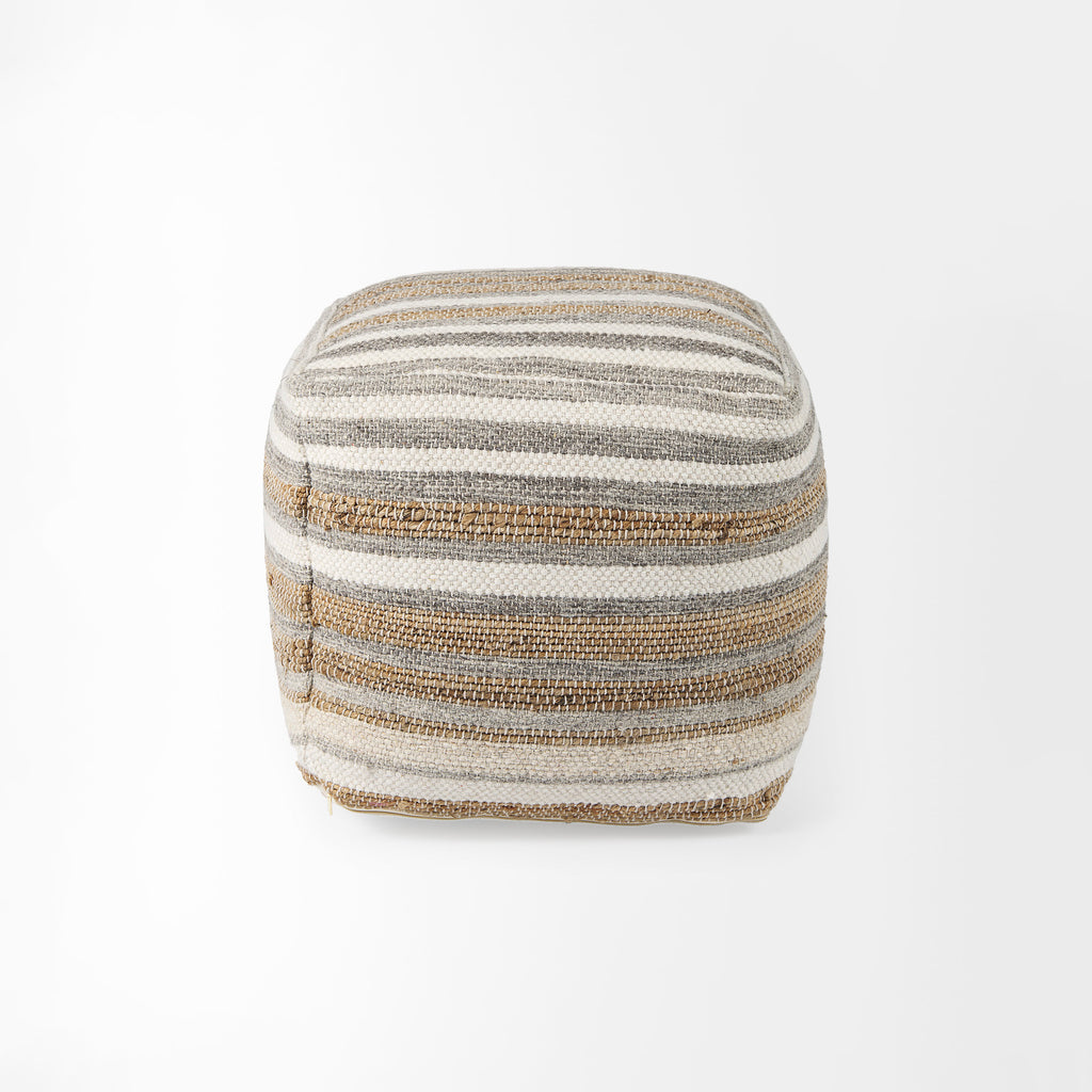 Aahana White/Taupe/Gray Striped Hemp and Cotton Pouf on a white background