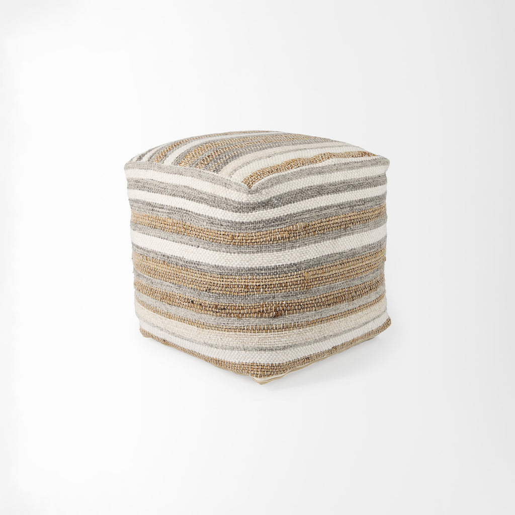 Aahana White/Taupe/Gray Striped Hemp and Cotton Pouf on a white background