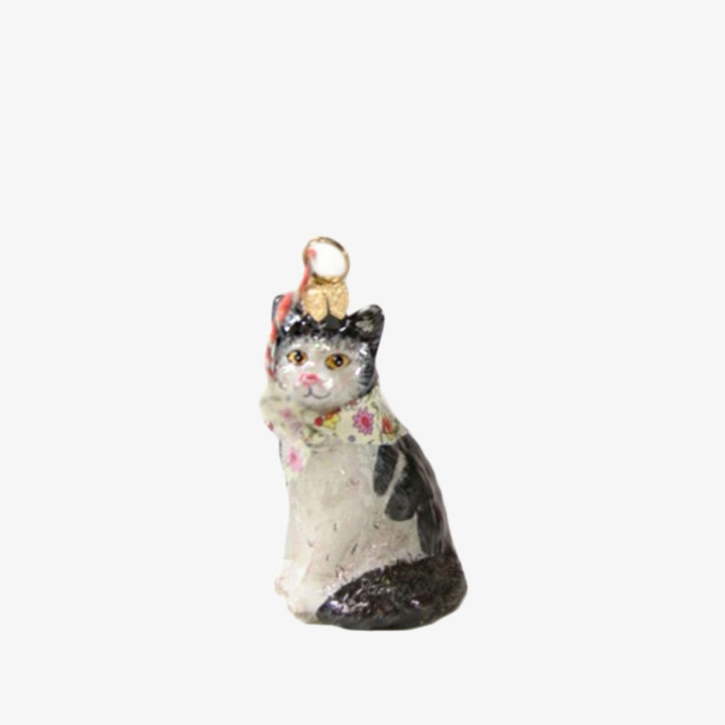 Black and White Kitten Christmas tree ornament on a white background