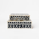 Set of two dark indigo resin boxes with floral inlay white bone