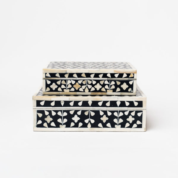 Set of two dark indigo resin boxes with floral inlay white bone
