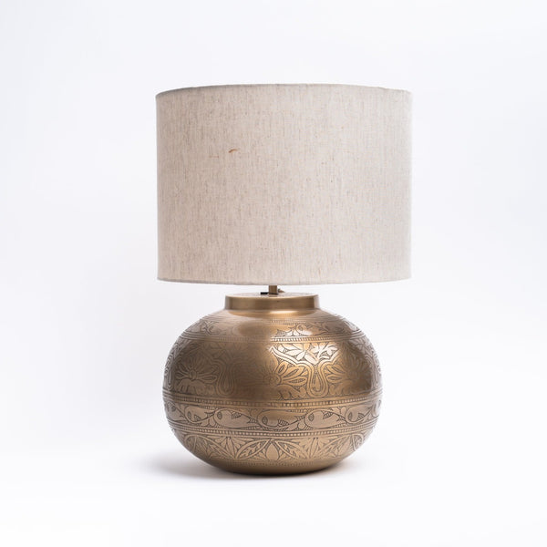 Round Etched Brass Table Lamp on a white background