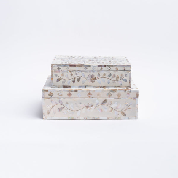 Mother of pearl inlay boxes in two sizes stacked on a white background from Addison West home goods