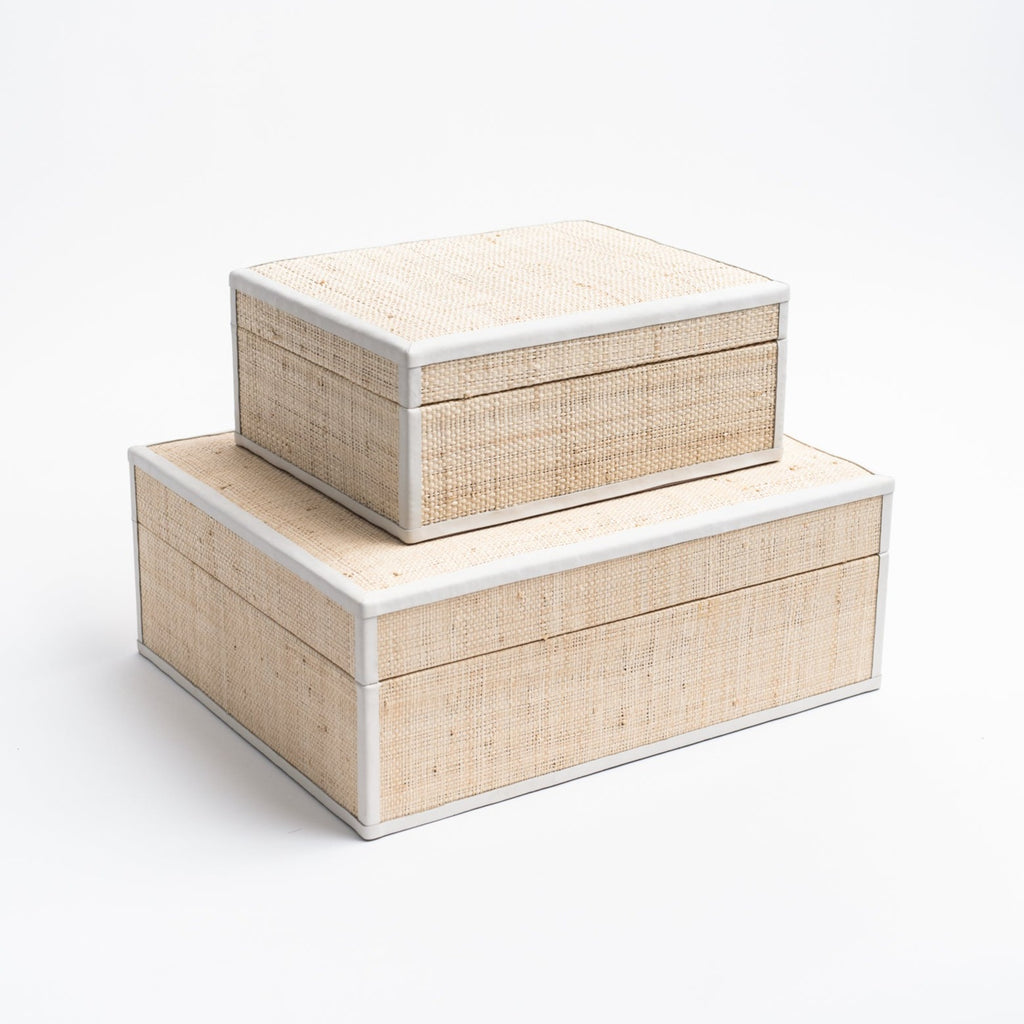 Raffia Box with Leather Trim large on a white background from Addison West