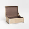 Raffia Box with Leather Trim small open to show lining on a white background from Addison West