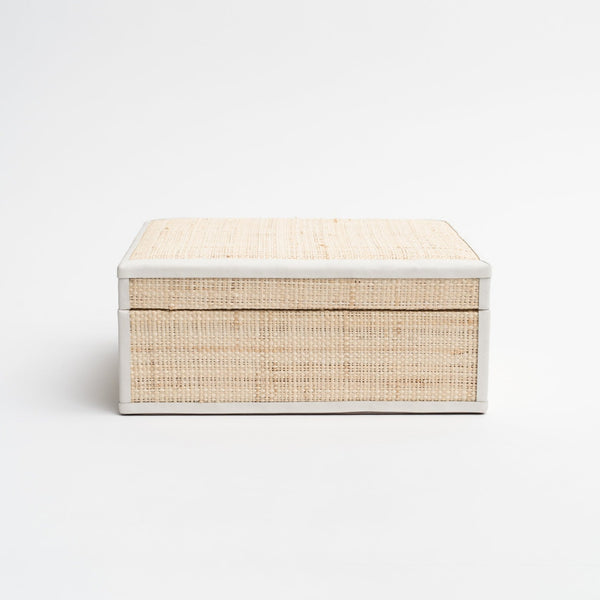 Raffia Box with Leather Trim small on a white background from Addison West