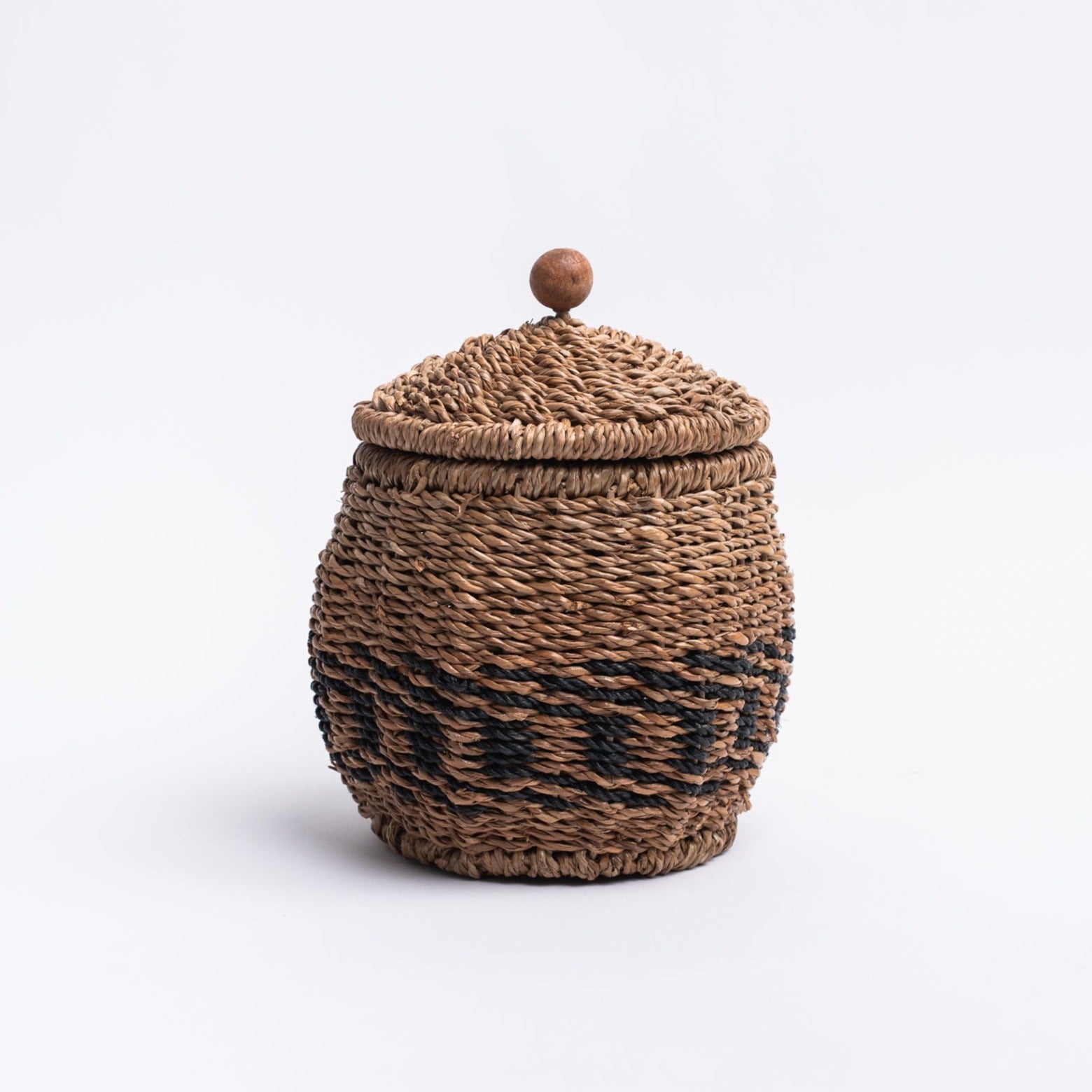 Small Hand-Woven black and natural Bankuan Baskets. on a white background