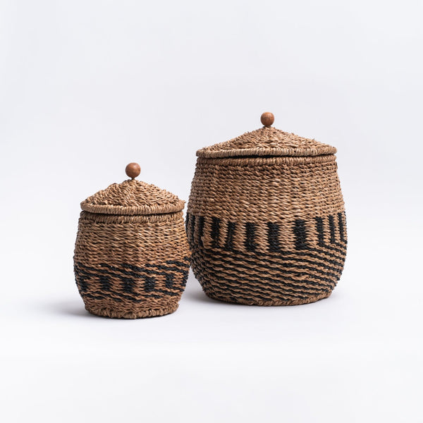 Small and large Hand-Woven black and natural Bankuan Baskets. on a white background