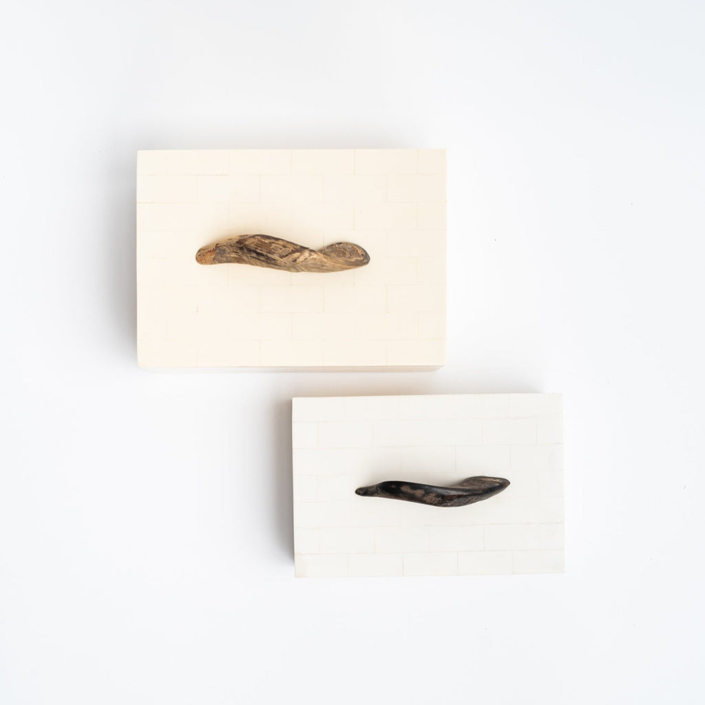 Two white bone inlay decorative boxes with horn handles on a white background
