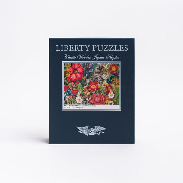 Liberty Puzzles Owl with Woodland Flowers and big colorful blooms with a small chipmunk in front on a white background