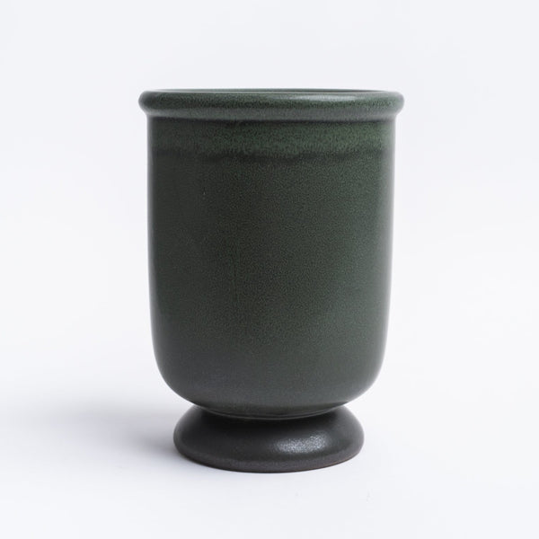 Forest green tall stoneware pot vase on a white background