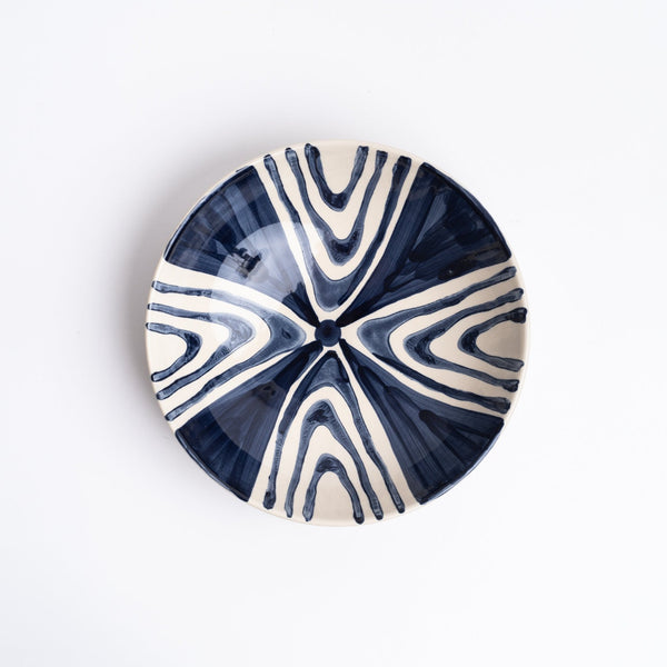 Creative Coop Hand painted blue and white stoneware serving bowl on white background from above from Addison West