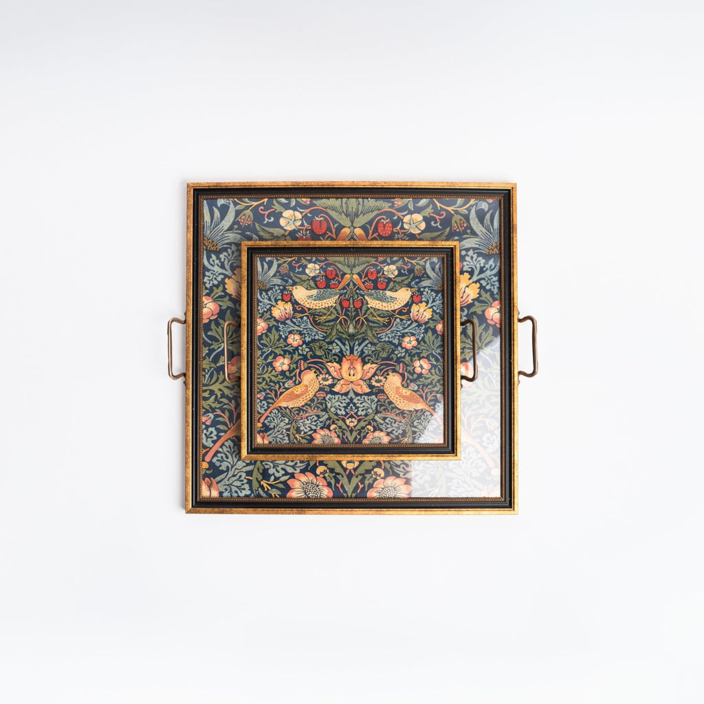 Square tray with handles and gold border with William Morris Stawberry wallpaper design on a white background
