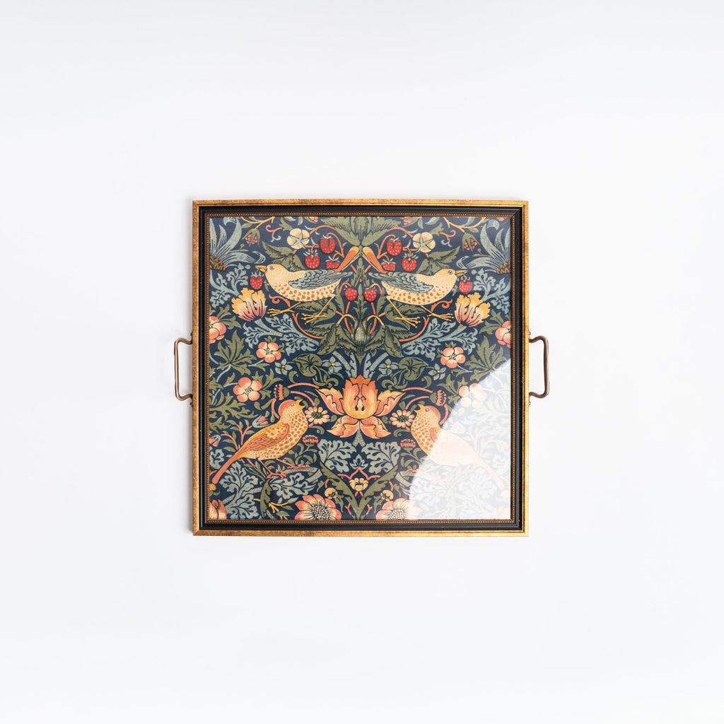 Square tray with handles and gold border with William Morris Stawberry wallpaper design on a white background