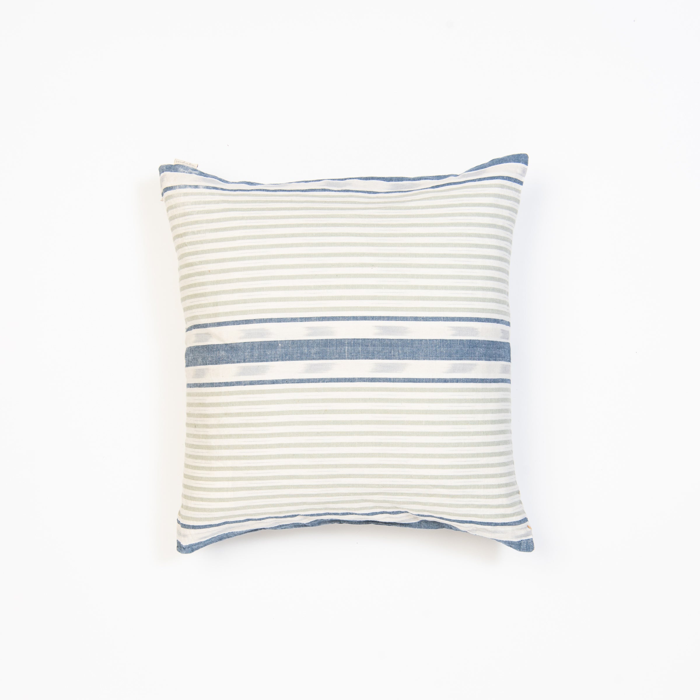 Square pillow with blue and grey patterns on a white background