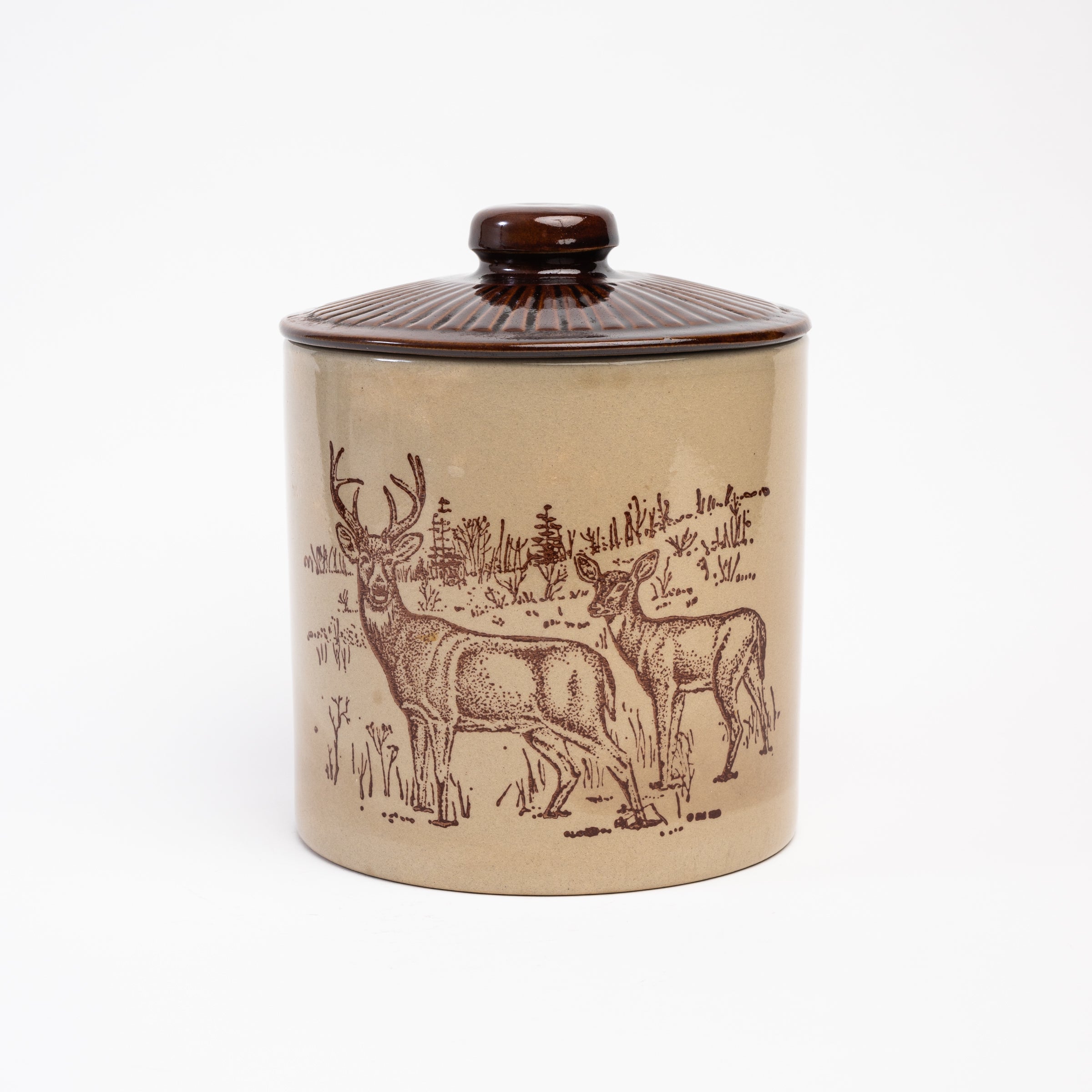 Vintage Stoneware Deer Cooking Jar on a white background at Addison West