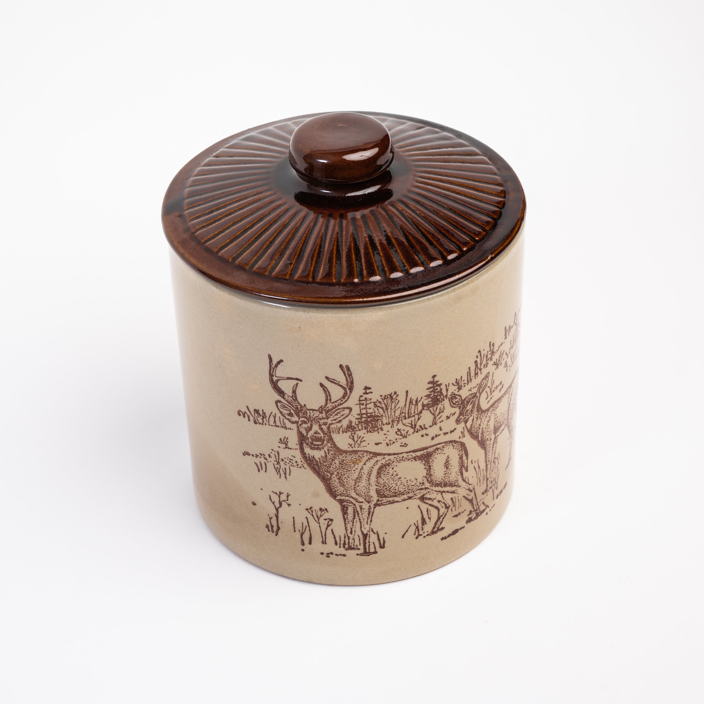 Vintage Stoneware Deer Cooking Jar on a white background at Addison West