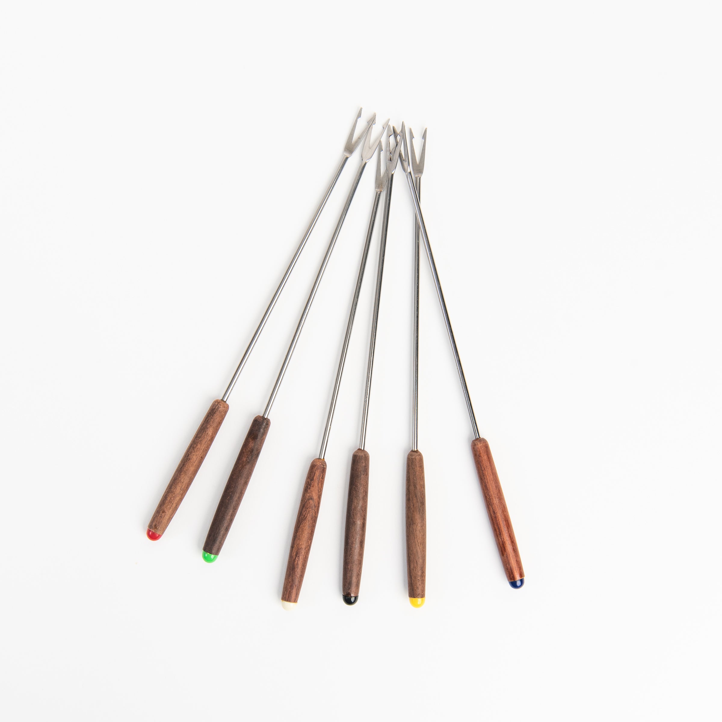 Vintage Rosewood Round Fondue Forks on a white background at Addison West