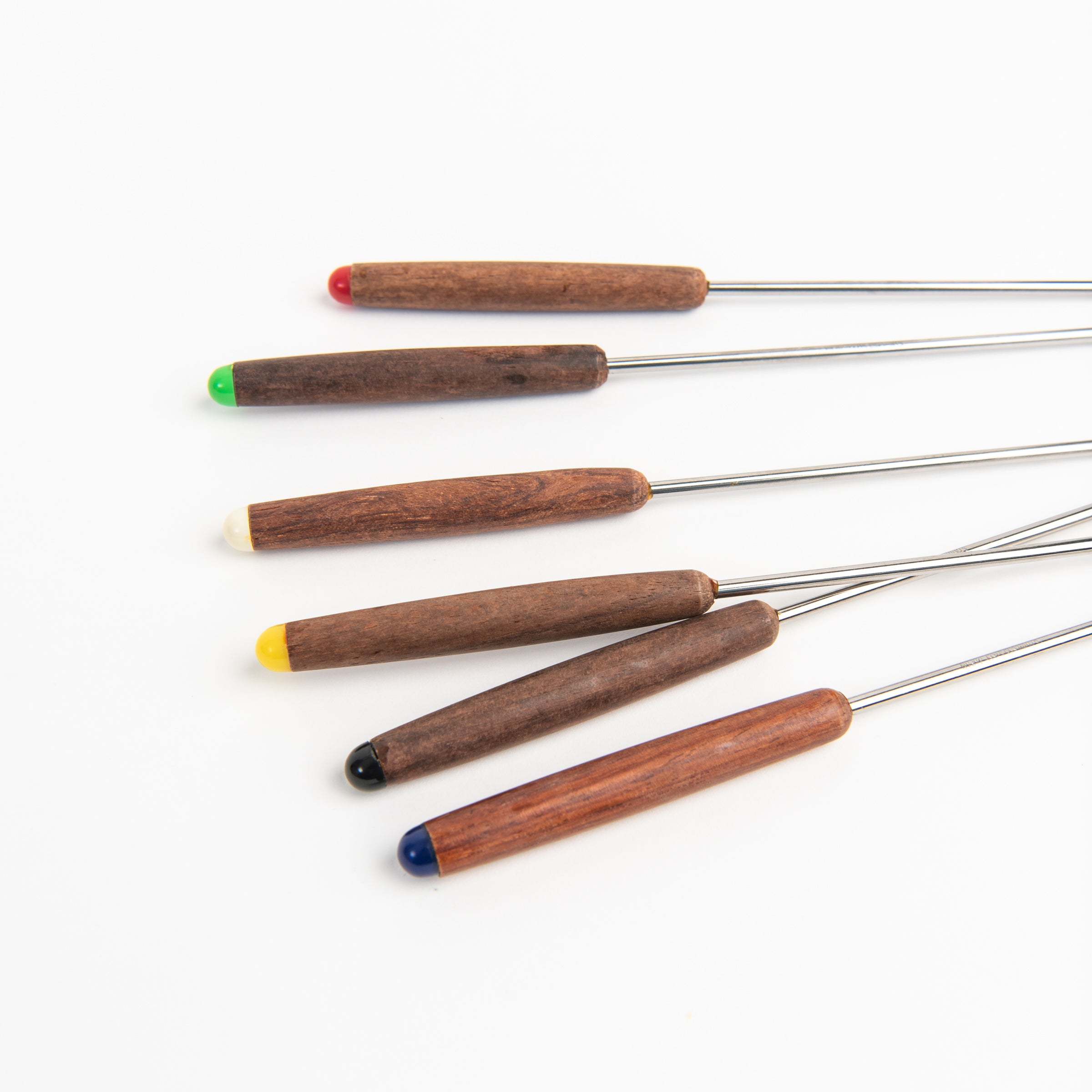 Vintage Rosewood Round Fondue Forks on a white background at Addison West