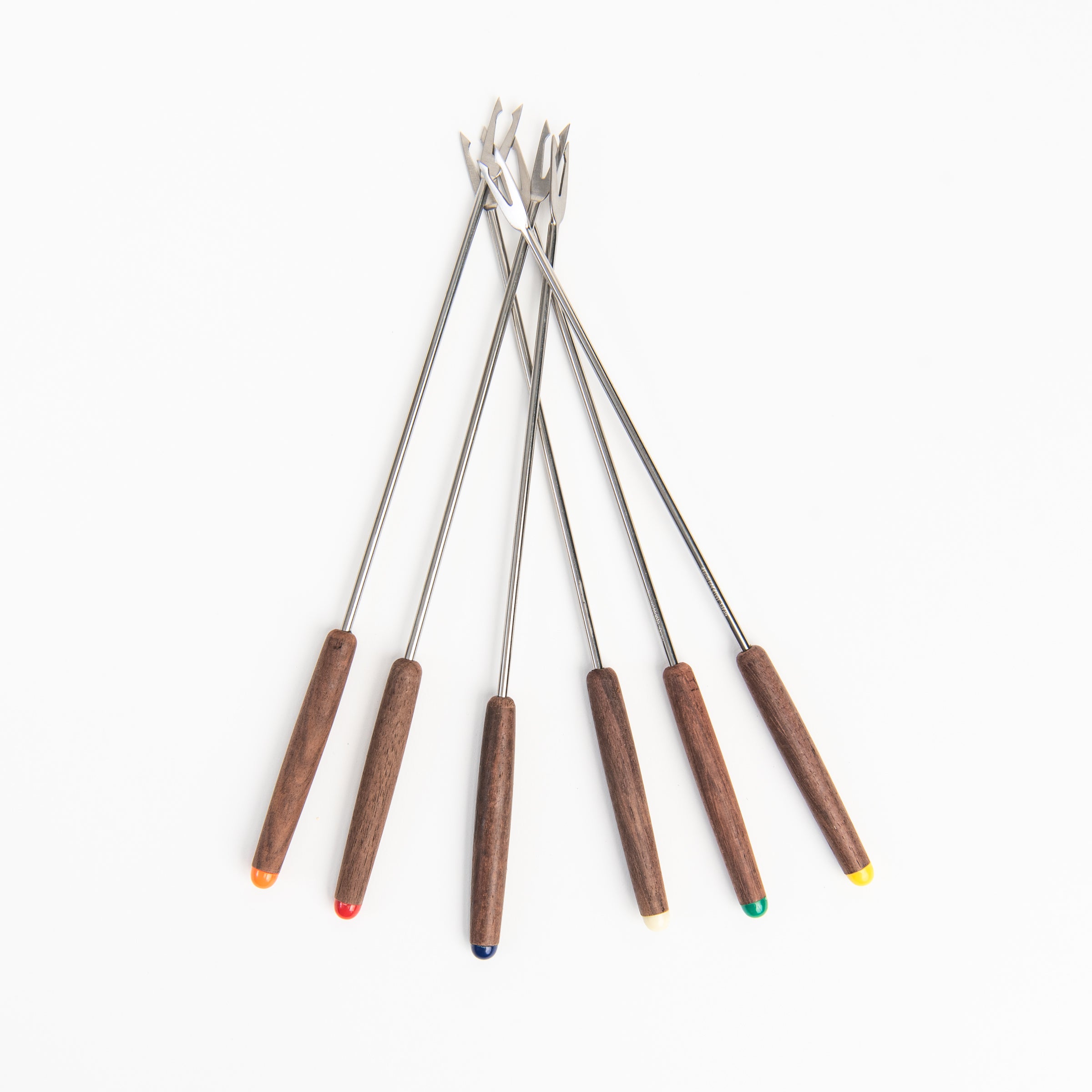 Vintage Rosewood Round Fondue Forks on a white background at Addison West
