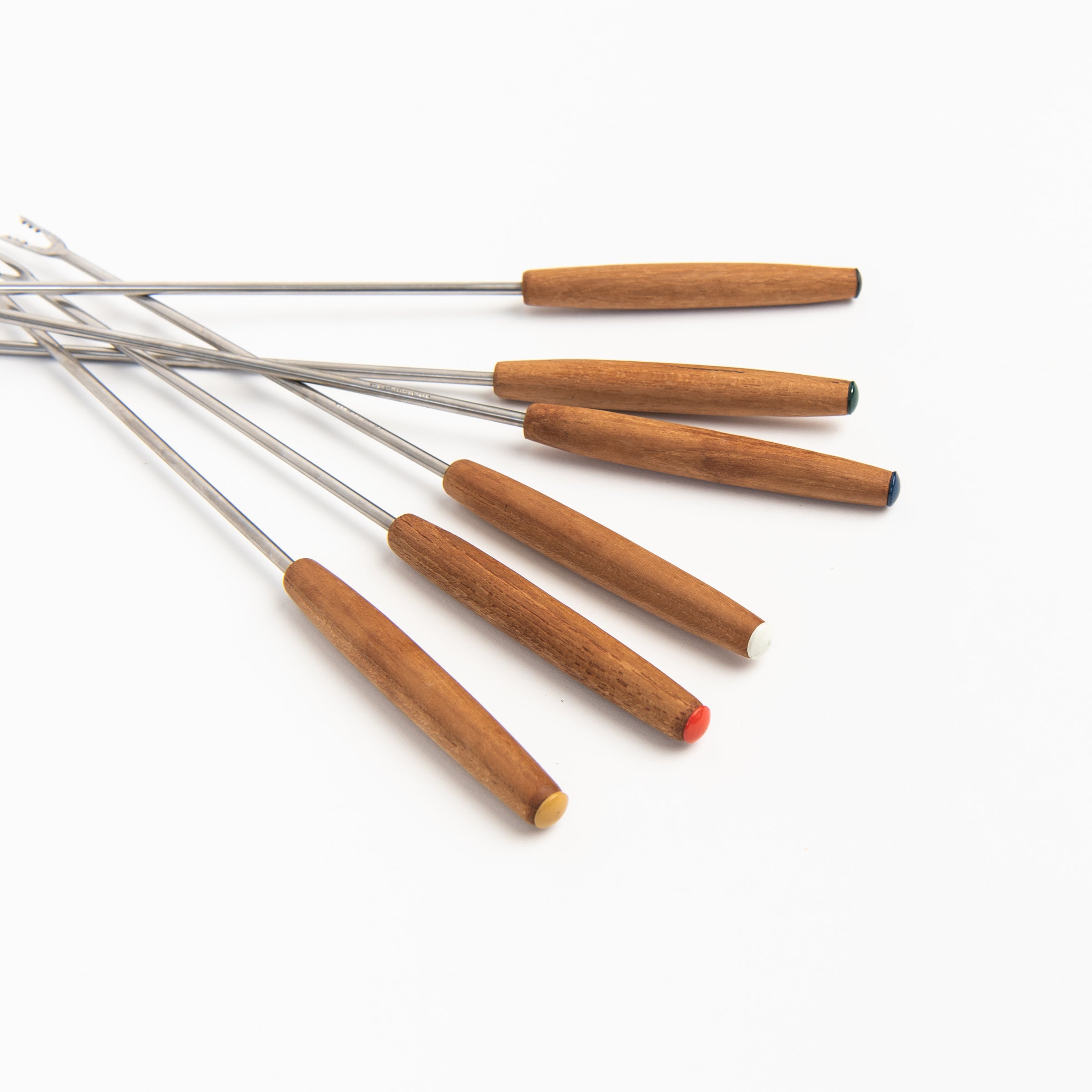 Vintage Teak Fondue Forks on a white background at Addison West