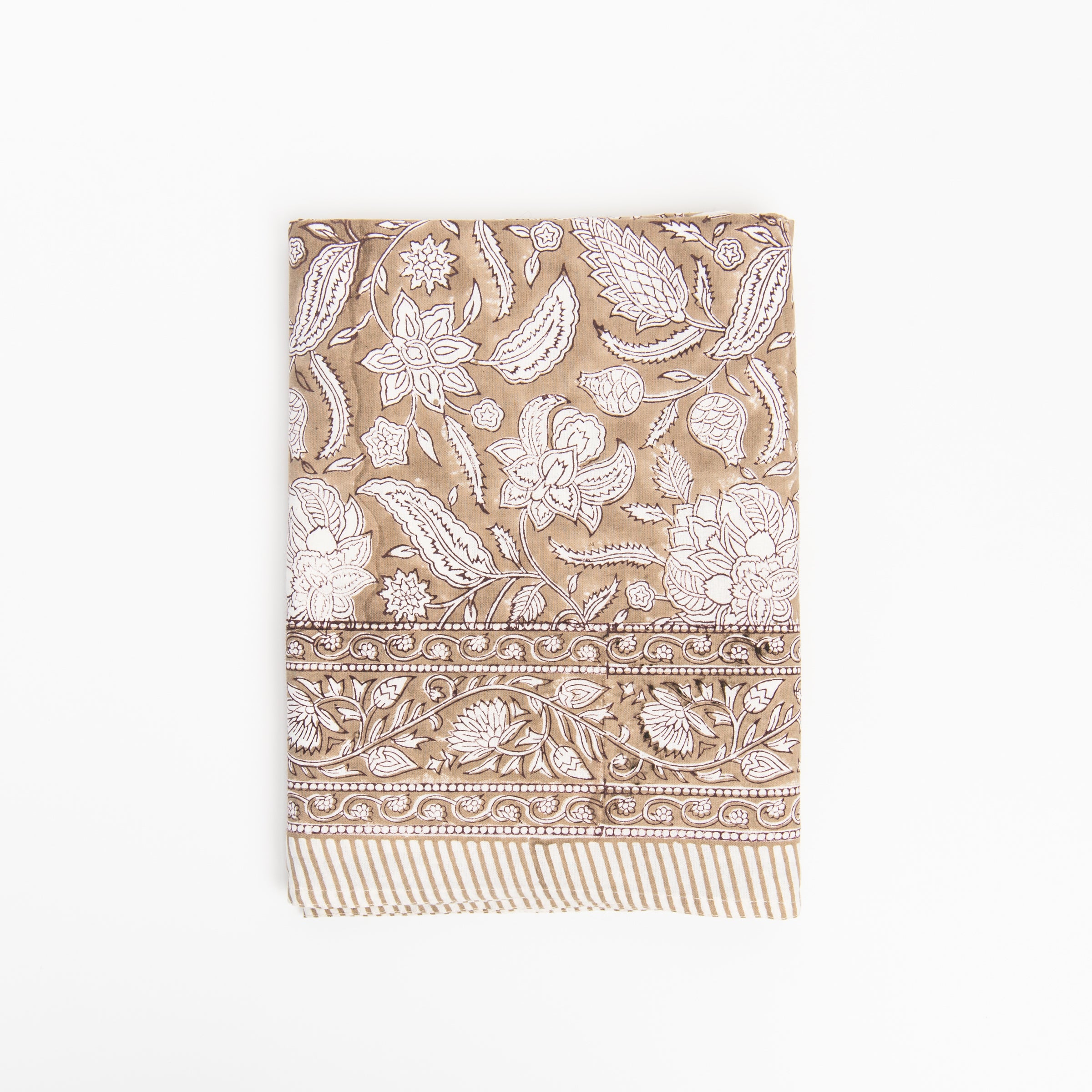 Sable Block Print Tablecloth on a white background at Addison West