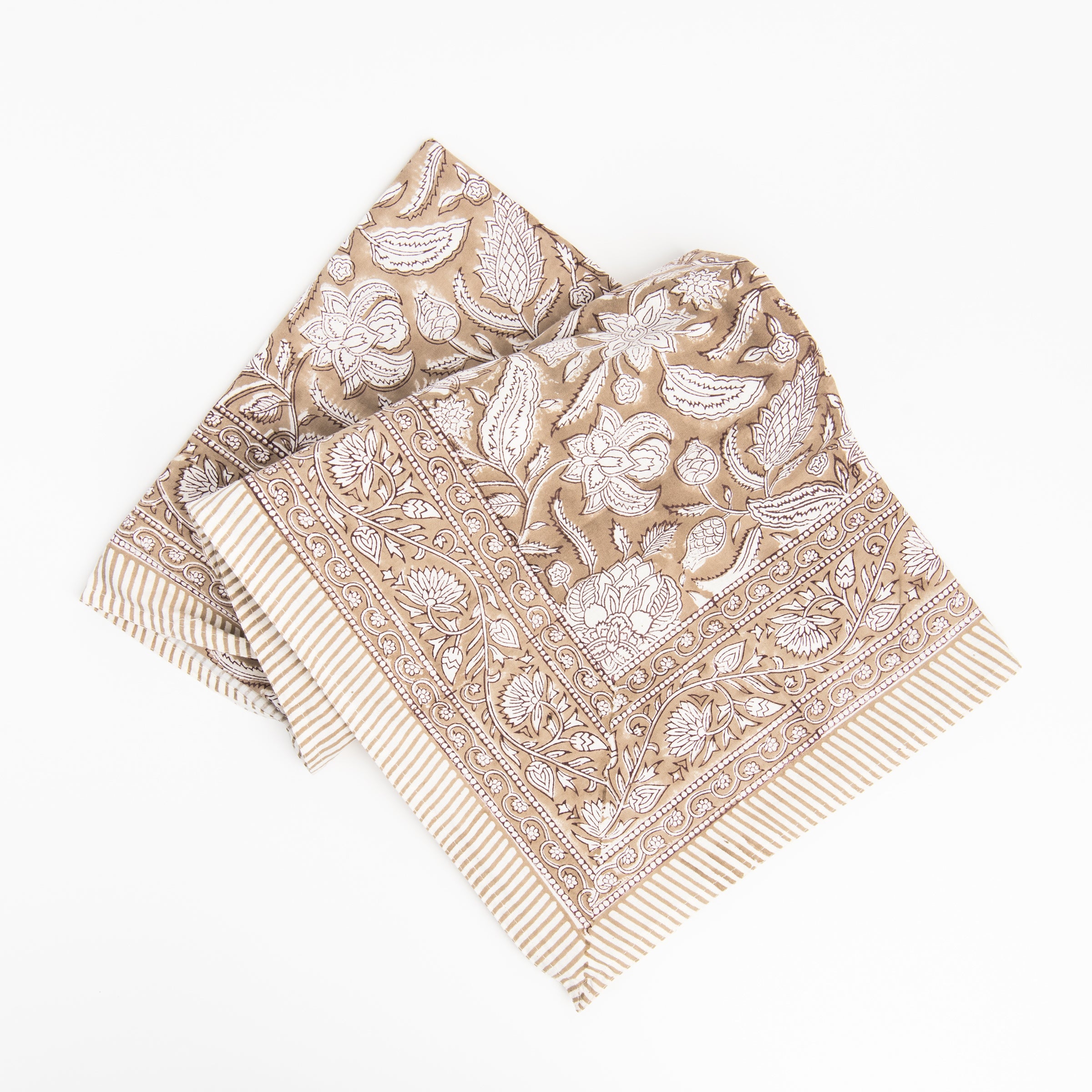 Sable Block Print Tablecloth on a white background at Addison West