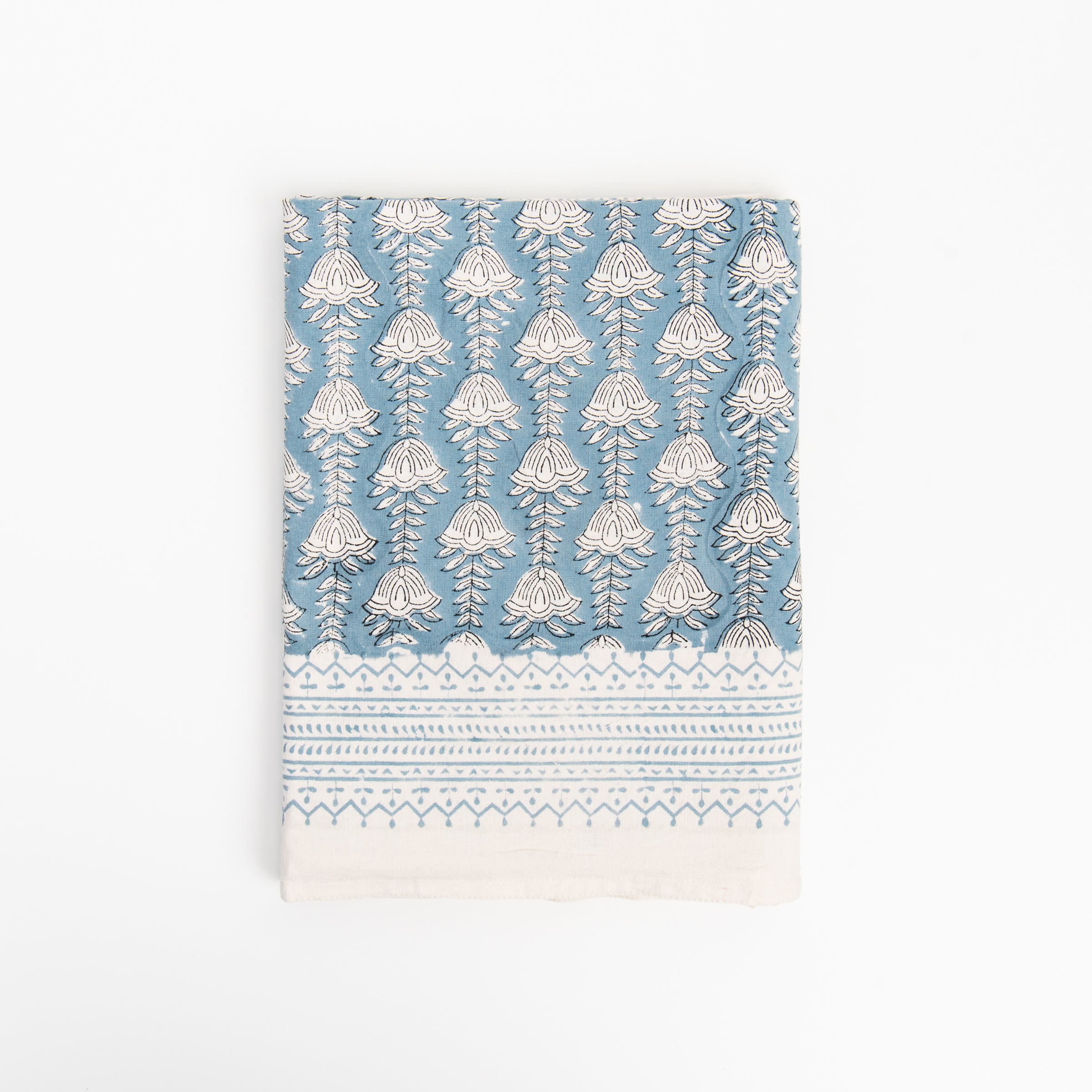 Bluebell Block Print Tablecloth on a white background at Addison West