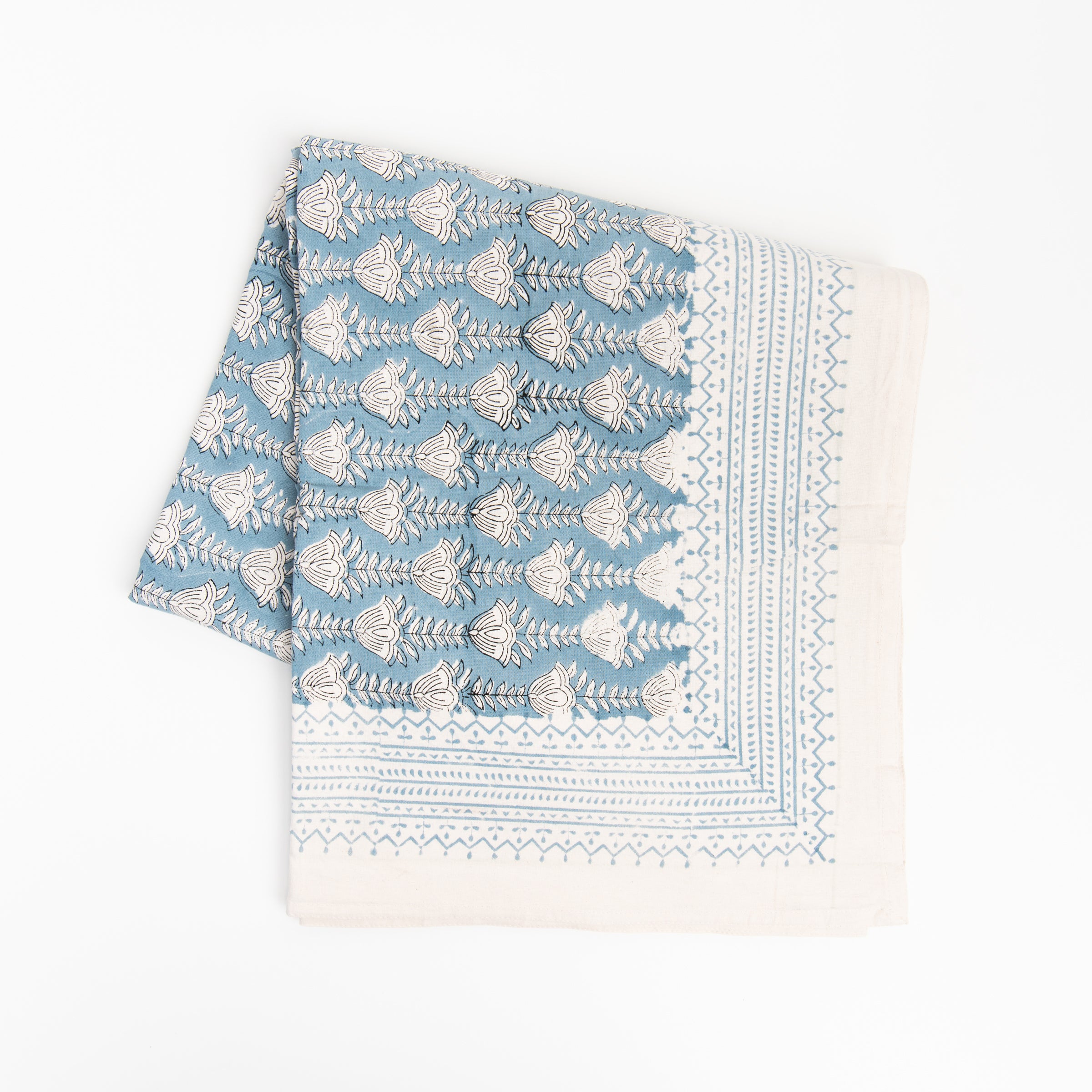 Bluebell Block Print Tablecloth on a white background at Addison West