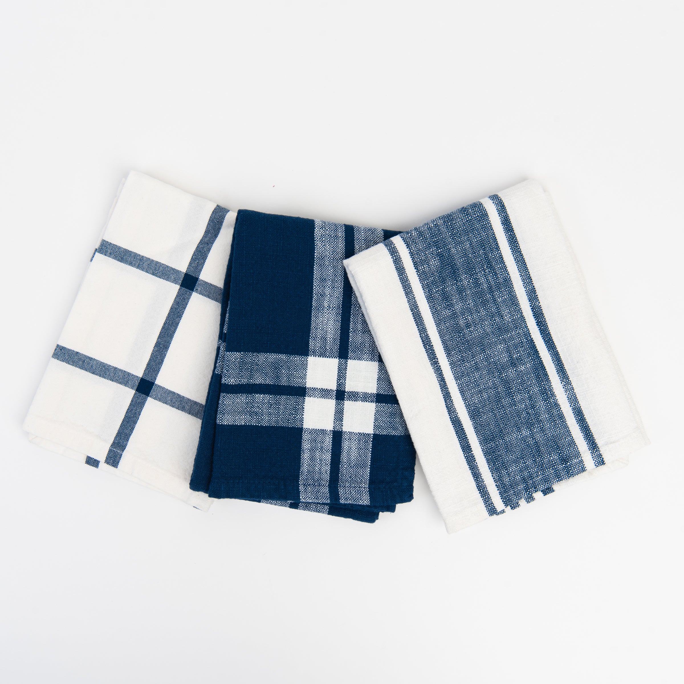 Navy Kitchen Towels, Set of Three on a white background at Addison West