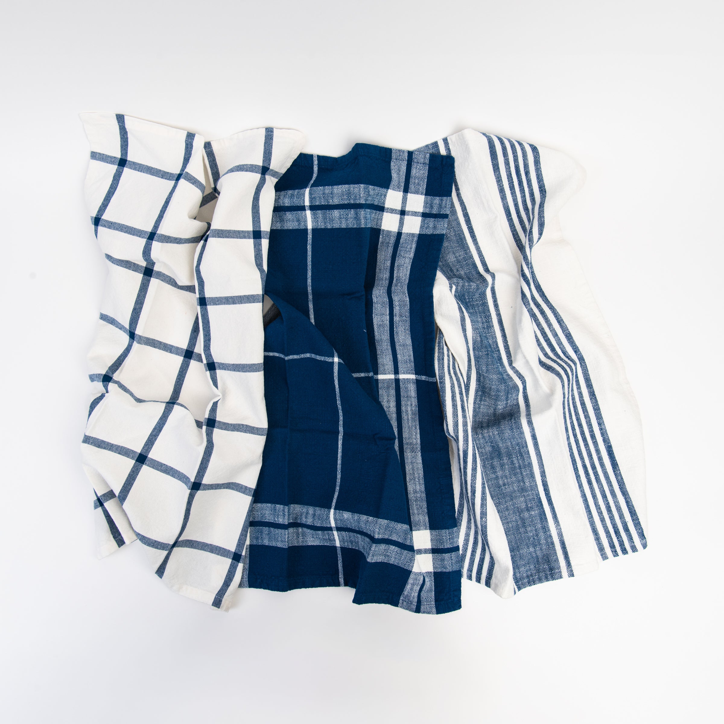 Navy Kitchen Towels, Set of Three on a white background at Addison West