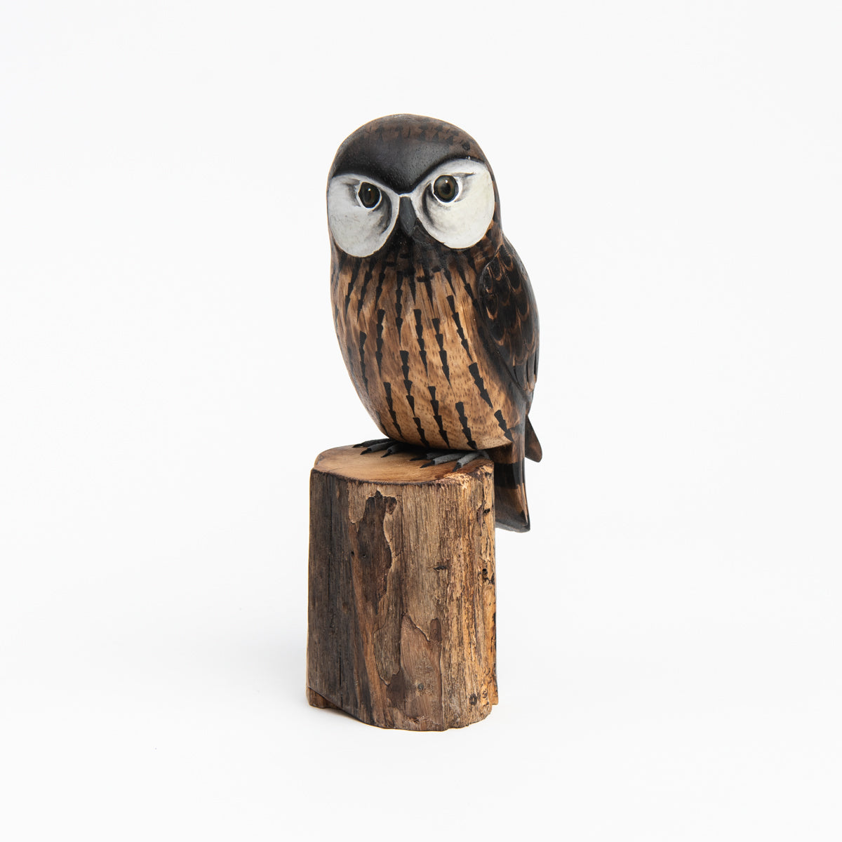 Saw Whet Owl Hand Carved Ornament on a white background at Addison West