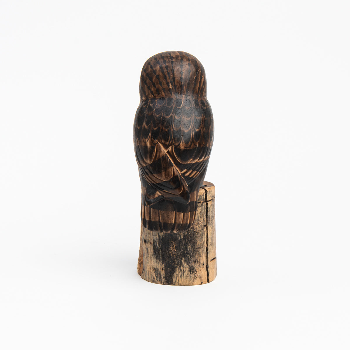 Saw Whet Owl Hand Carved Ornament on a white background at Addison West