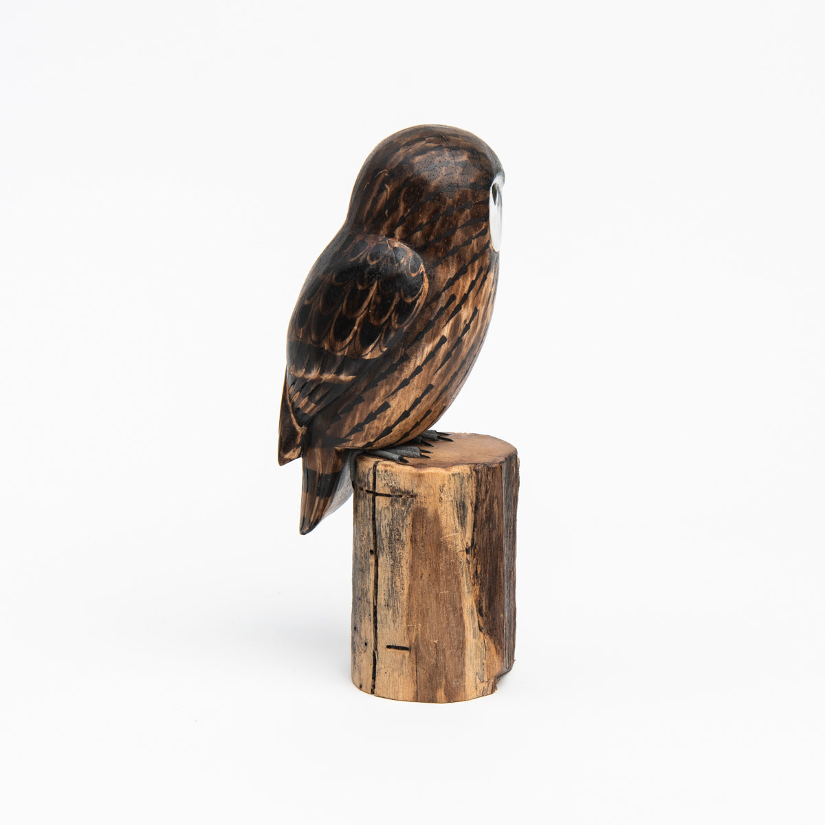 Saw Whet Owl Hand Carved Ornament on a white background at Addison West