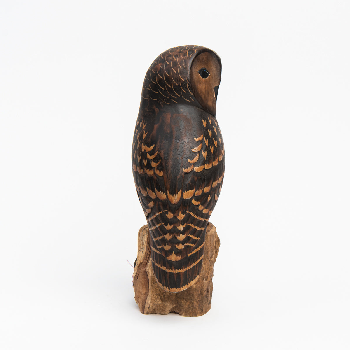 Barred Owl Carved Wooden Ornament on a white background at Addison West