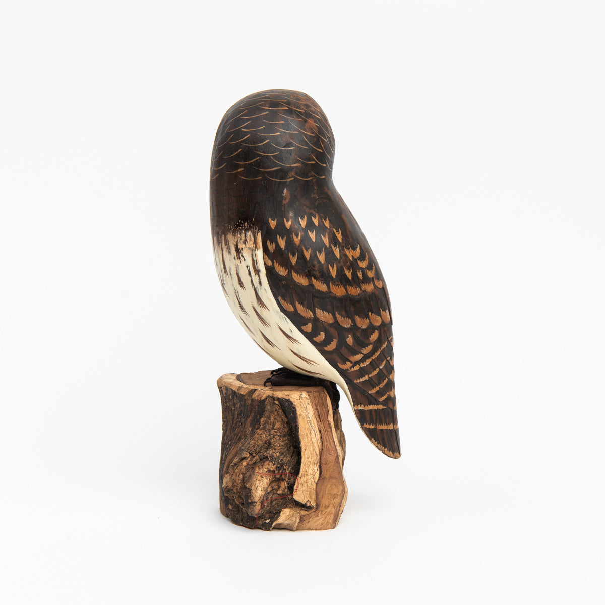 Barred Owl Carved Wooden Ornament on a white background at Addison West