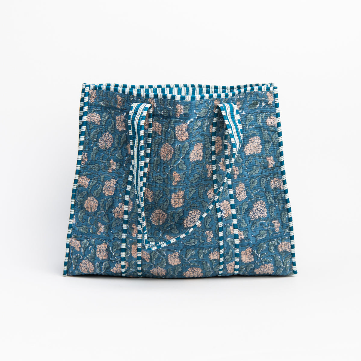 Hand Block Print Tote in Ocean on a white background at Addison West